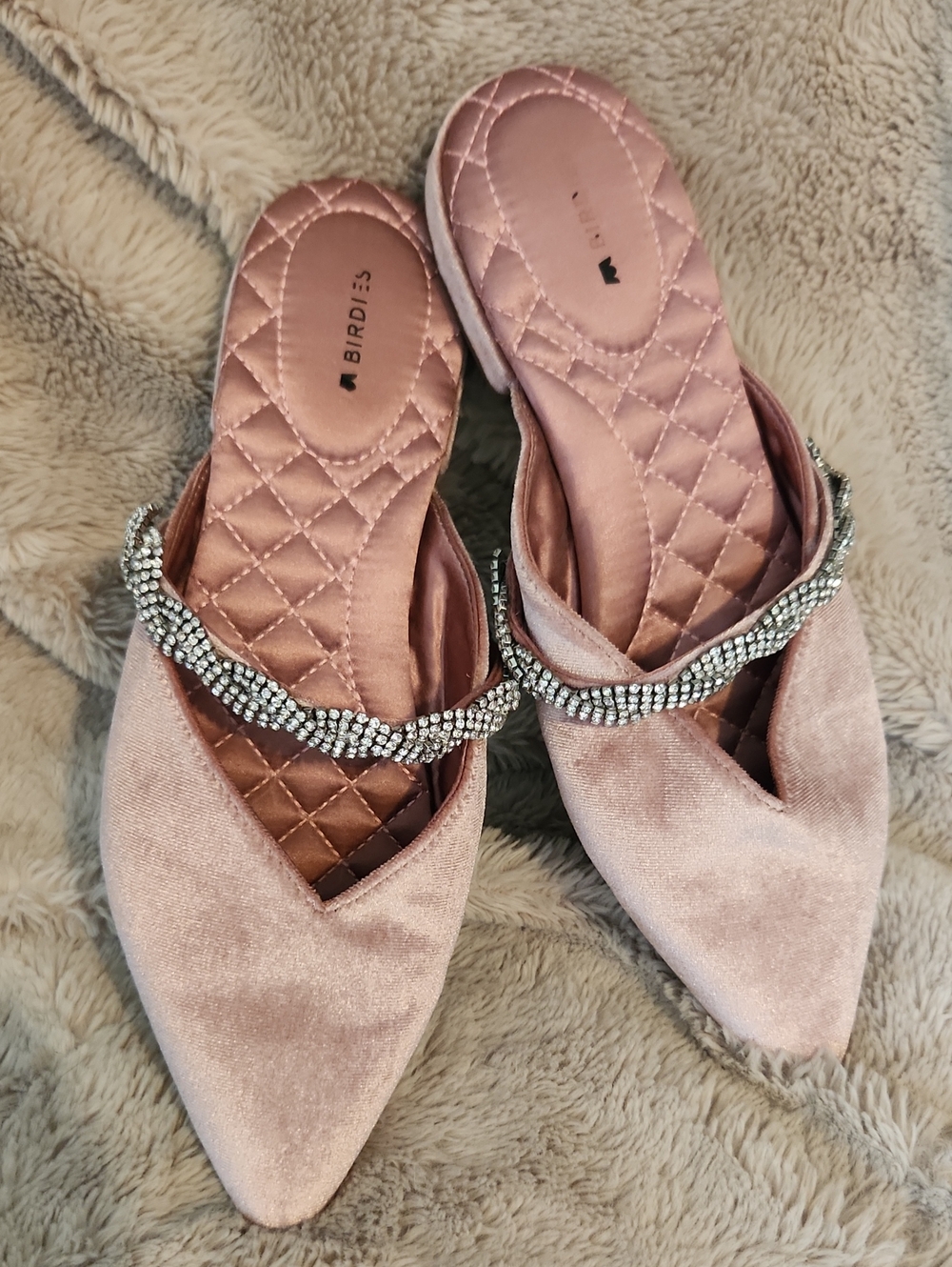 Birdies Blush Pink The Swan Pointed Mules Crystal Strap Quiet Luxury Upscale